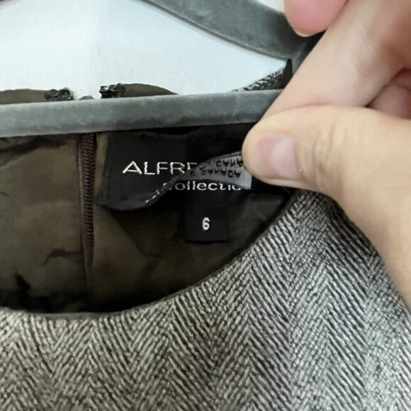 Alfred Sung Sleeveless Shift Dress Pockets Herringbone Style Design Brown Size 6 - Picture 6 of 12